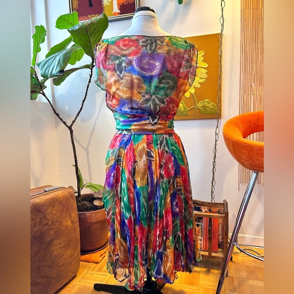 60s/70s Silk Rainbow Watercolor Floral Cocktail Party Dress - Picture 7 of 8